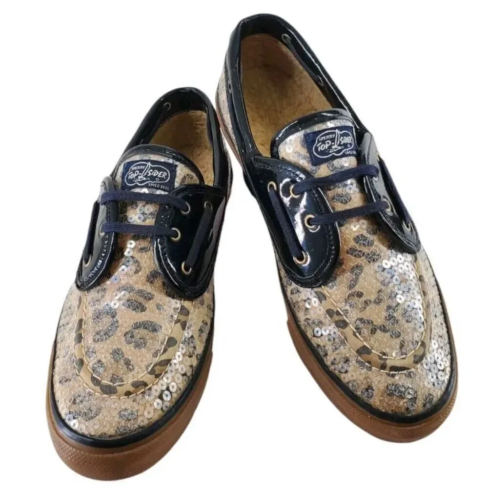 Sperry Topsider Cheetah Print Sequin Leather Sherpa Lined Boat Shoe Womens 9 M